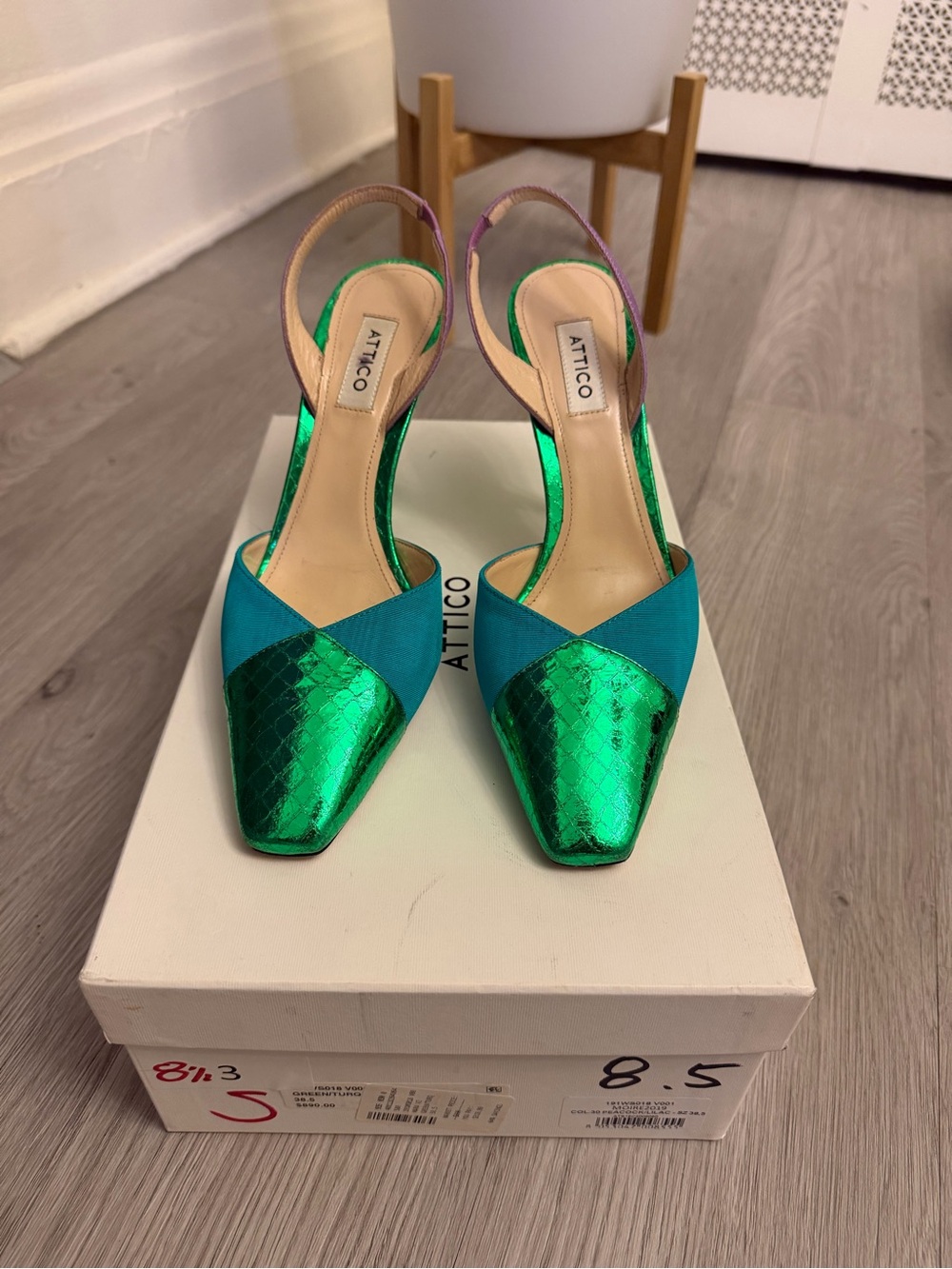 The Attico Emerald and Teal Metallic Slingback Pumps